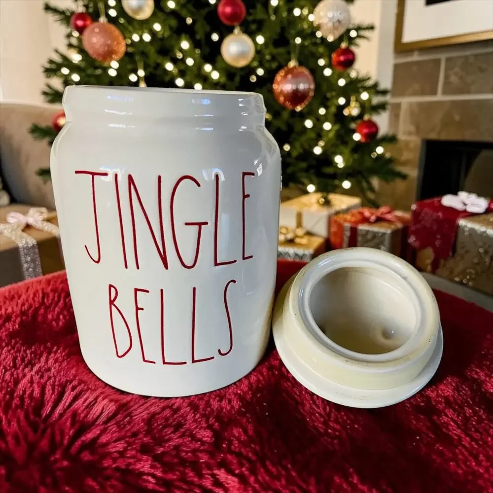 Rae Dunn Ceramic Christmas Jingle Bells Xmas Holiday White & Red Treat Snack Jar